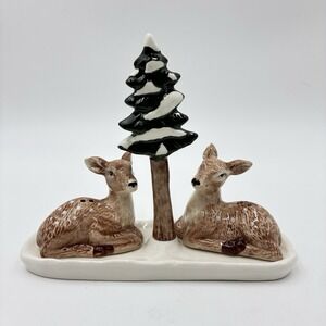 Robert Stanley Christmas Salt & Pepper Shaker Set Stand Deer And Snowy Tree
